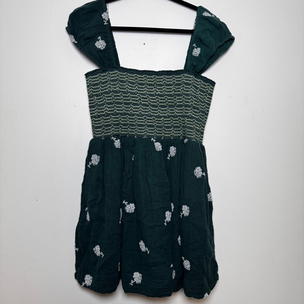 Free People Tory Embroidered Mini Dress XL Dark Green Floral‎ Smocked Boho - Picture 3 of 10